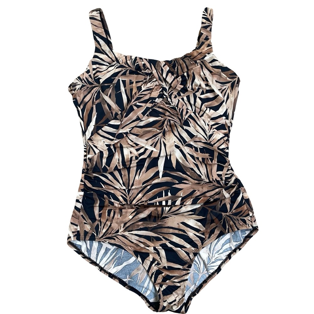 Lands End One‎ Piece Swimsuit Women 12D Brown Palm Leaf Ruched Tummy Control